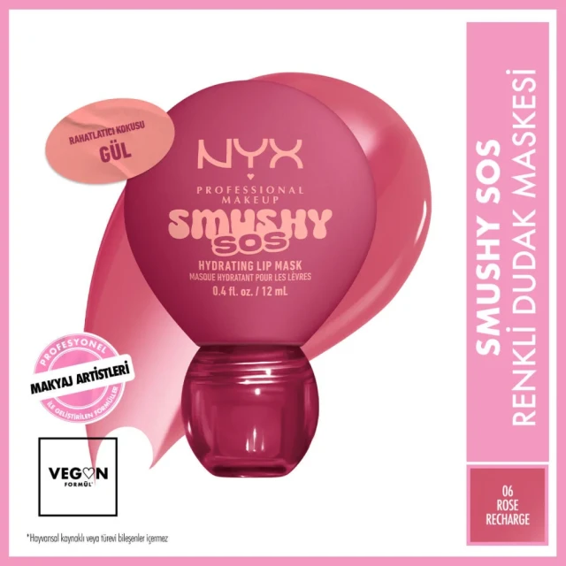 Nyx Professional Makeup Smushy SOS Yoğun Nemlendirme Etkili Renkli Dudak Maskesi 06 Rose Recharge